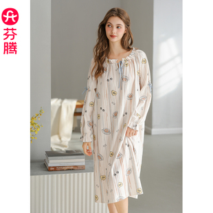 芬腾睡裙女春秋纯棉长袖 全棉家居服 睡衣可爱布朗熊宽松中长款 大码