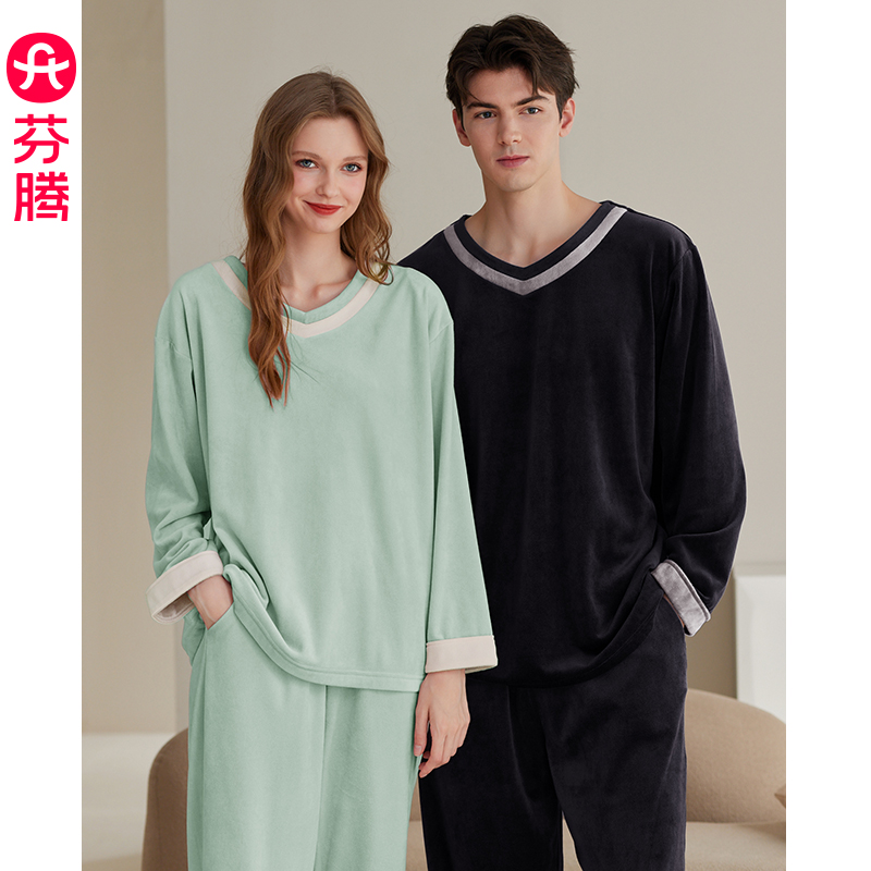 芬腾海岛绒情侣睡衣男女长袖加绒