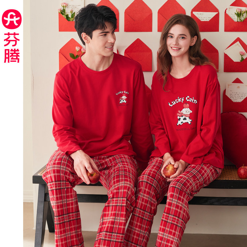 芬腾情侣红色纯棉睡衣女款秋季套头本命年新婚礼物男士家居服套装