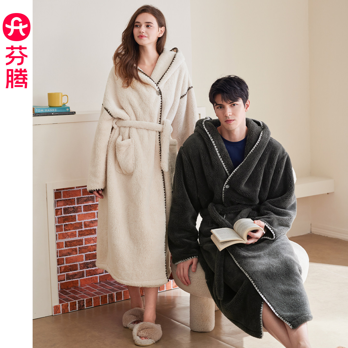 芬腾情侣加绒加厚睡袍冬季新款珊瑚绒女士睡衣连帽法兰绒家居服男