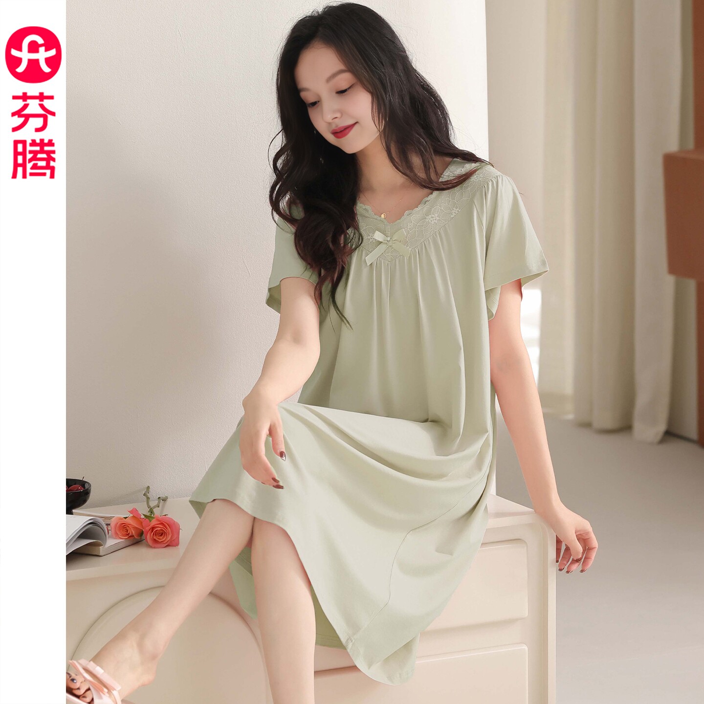 芬腾女士短袖睡裙夏季莱赛尔棉薄款睡衣裙V领甜美蕾丝休闲家居服