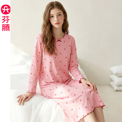 芬腾女士睡裙纯棉长袖春秋中长裙