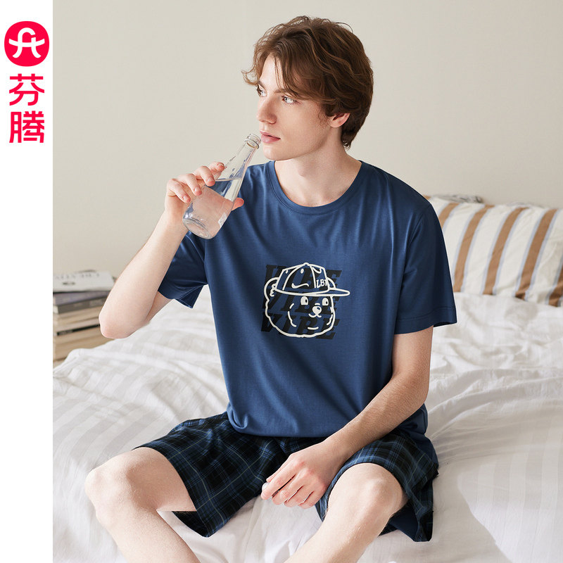 芬腾男士睡衣纯棉夏季短袖短裤套装全棉薄款休闲套头可外穿家居服