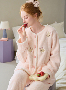 芬腾女士睡衣秋冬季珊瑚绒套装女款加厚加绒法兰绒可爱卡通家居服