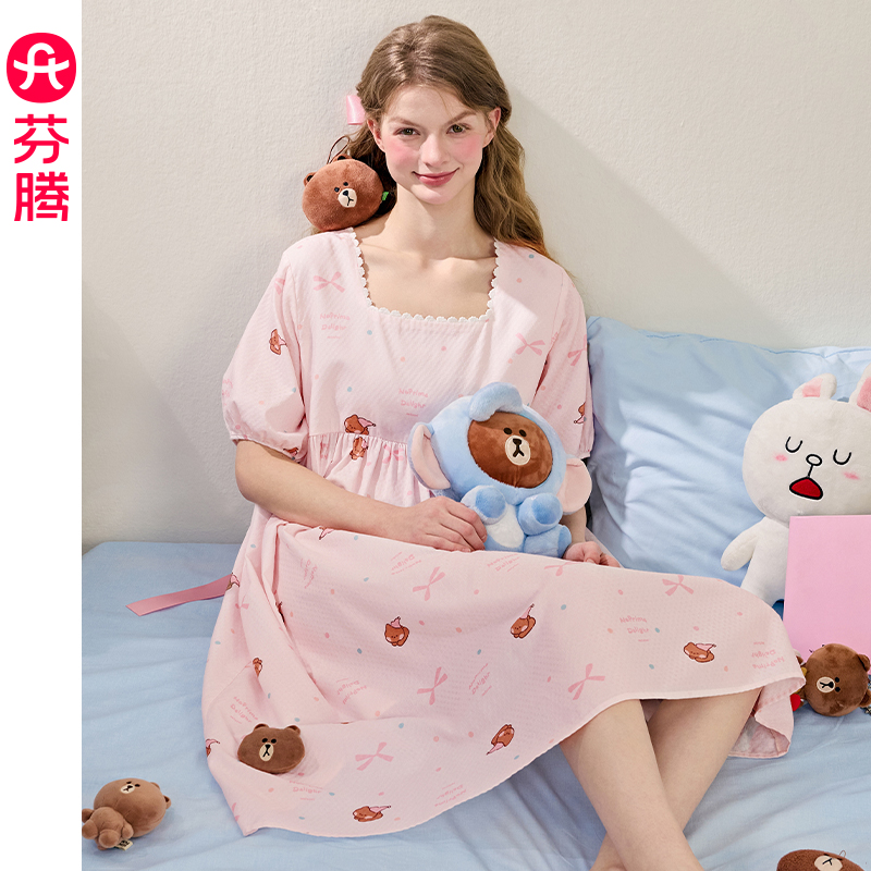 芬腾睡裙女夏季中袖薄款布朗熊睡衣裙中裙女款可爱甜美大码家居服