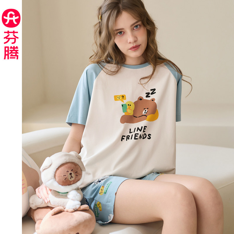 芬腾夏季睡衣纯棉女士短袖短裤薄款宽松家居服可爱卡通布朗熊套装