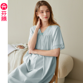 芬腾睡裙女士纯棉短袖 全棉家居服 中长裙休闲睡衣宽松大码 夏季 薄款