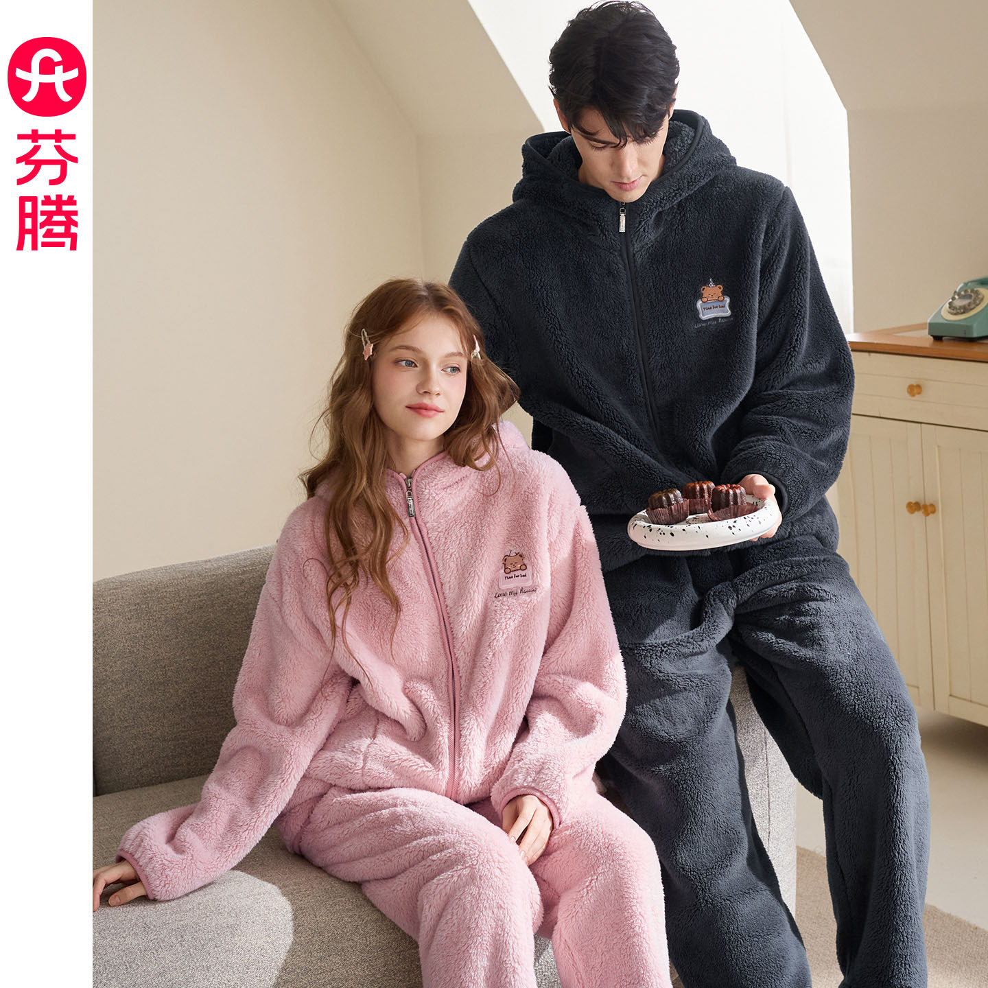 芬腾情侣珊瑚绒睡衣女款秋冬季加绒加厚法兰绒保暖男士家居服套装
