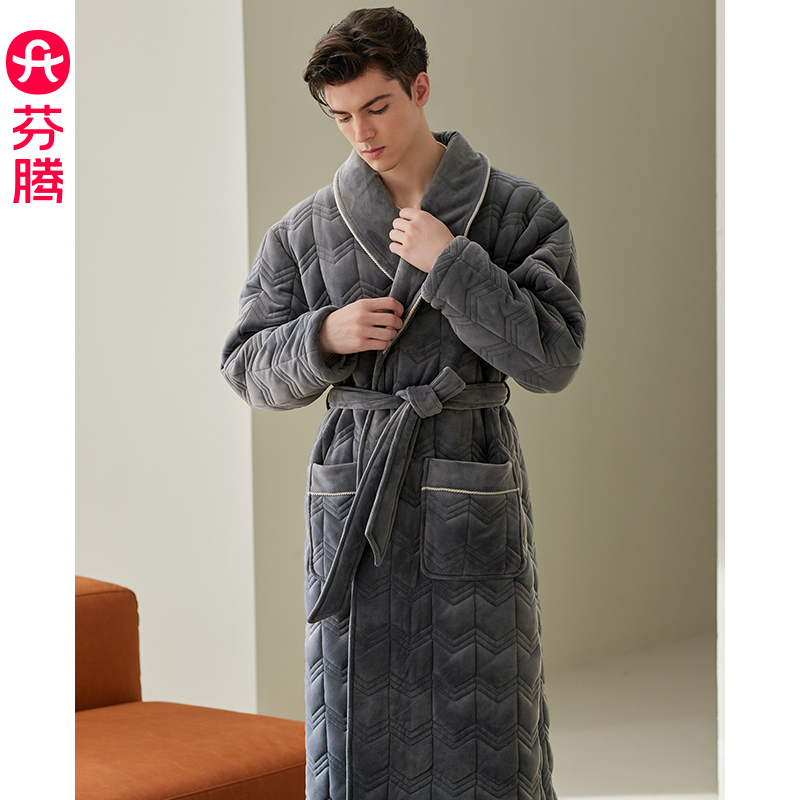 芬腾男士睡袍冬季珊瑚绒三层夹棉