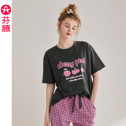 芬腾短袖女士睡衣夏季新款纯棉带胸垫大码女款全棉休闲家居服套装