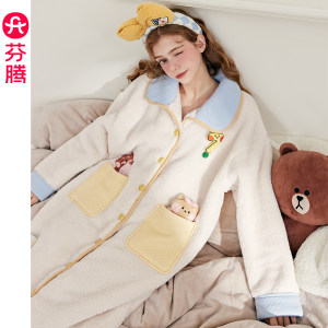 芬腾珊瑚绒女士睡袍秋冬季长袖保暖居家布朗熊睡衣可外穿加厚浴袍