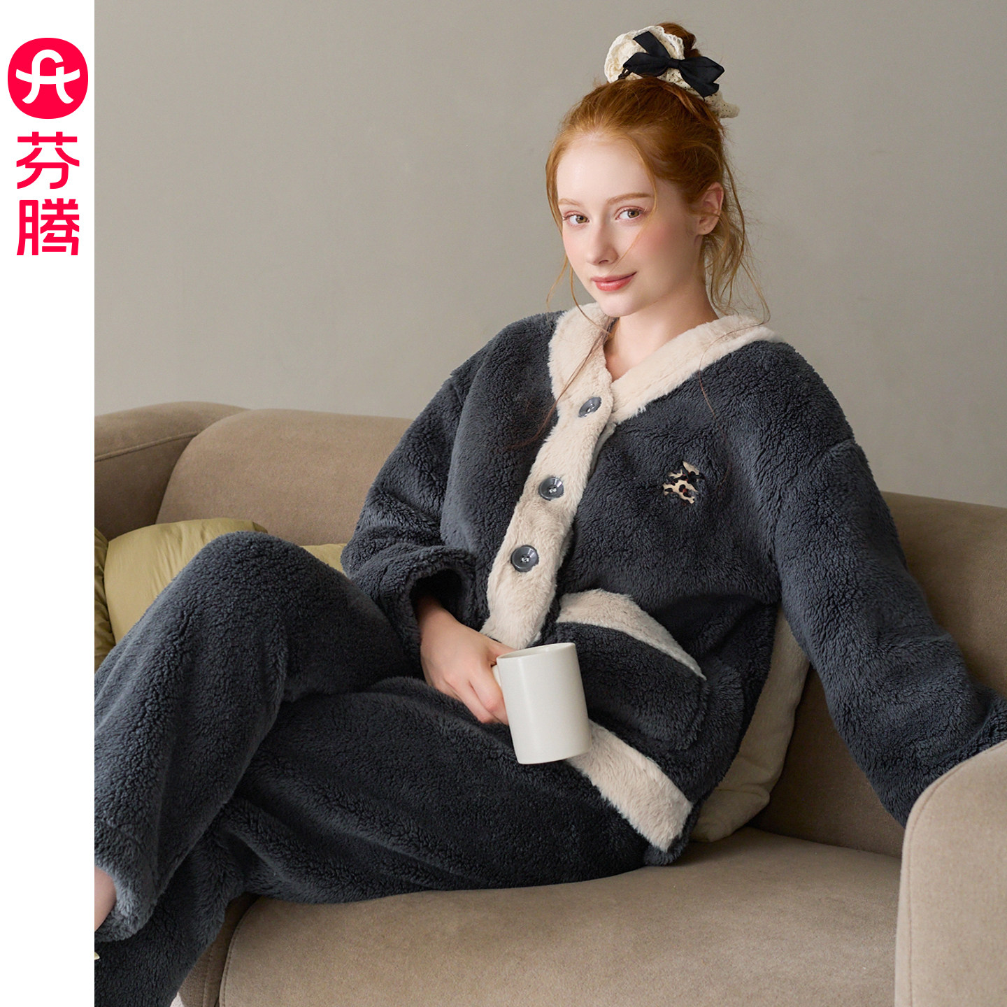 芬腾睡衣女秋冬季珊瑚绒加绒加厚套装休闲开衫大码保暖家居服冬天