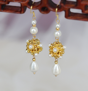 南簪录古风唐李静训蜻蜓眼珍珠耳环长流苏耳坠耳夹配汉服旗袍耳饰