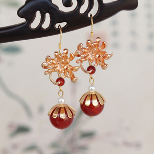 清平乐同款曹皇后古典风菊花耳环红古装汉服耳坠宋耳饰耳夹无耳洞