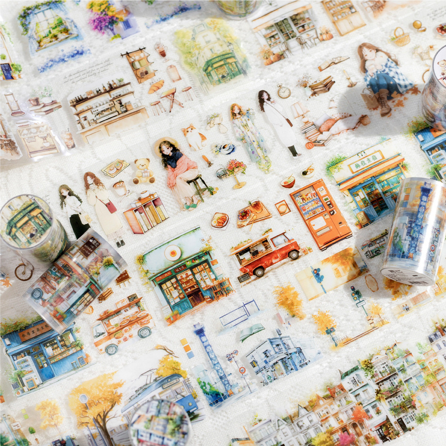 言己pet胶带 手绘街角美食小铺咖啡小店可爱女孩手帐日记装饰贴纸