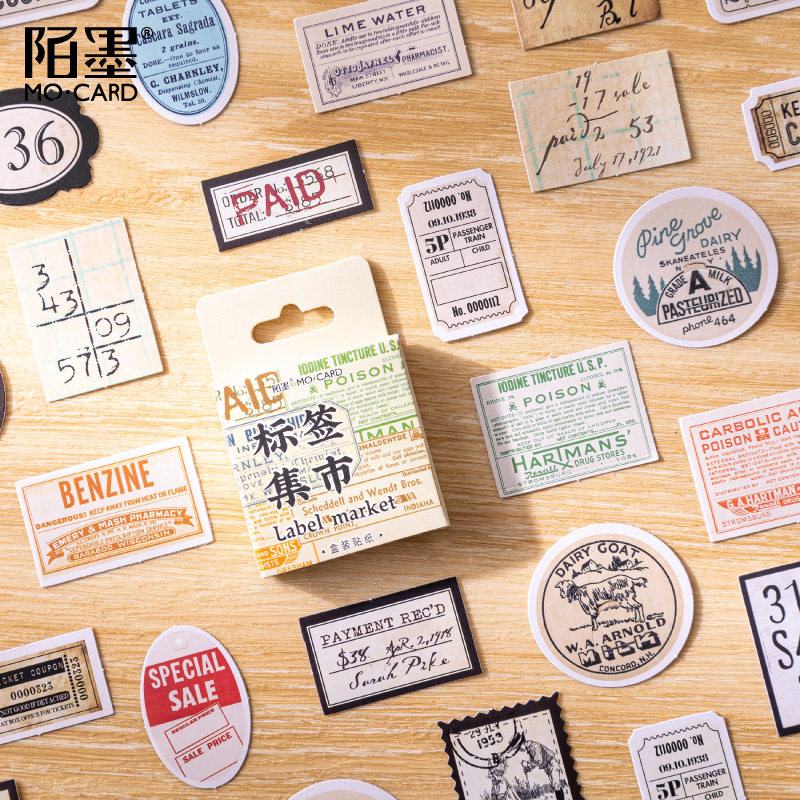 陌墨复古标签集市盒装贴纸 diy手账相册装饰不干胶贴画