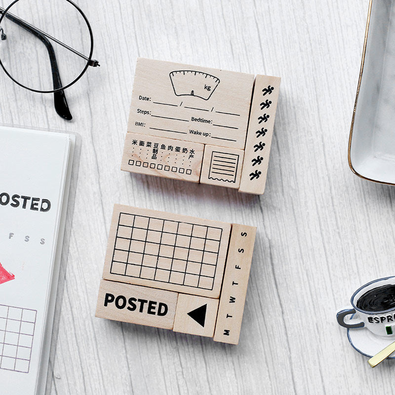 基础手账木质印章套装 三角形网格万年历健康打卡diy手帐装饰印画