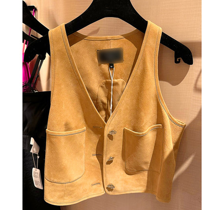 女士黄色麂皮马甲 夏季服装 手工制作 高级感女款背心 时尚搭配