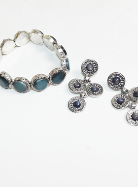 做旧银色弹力手链耳环孤品树脂宝石神秘蓝