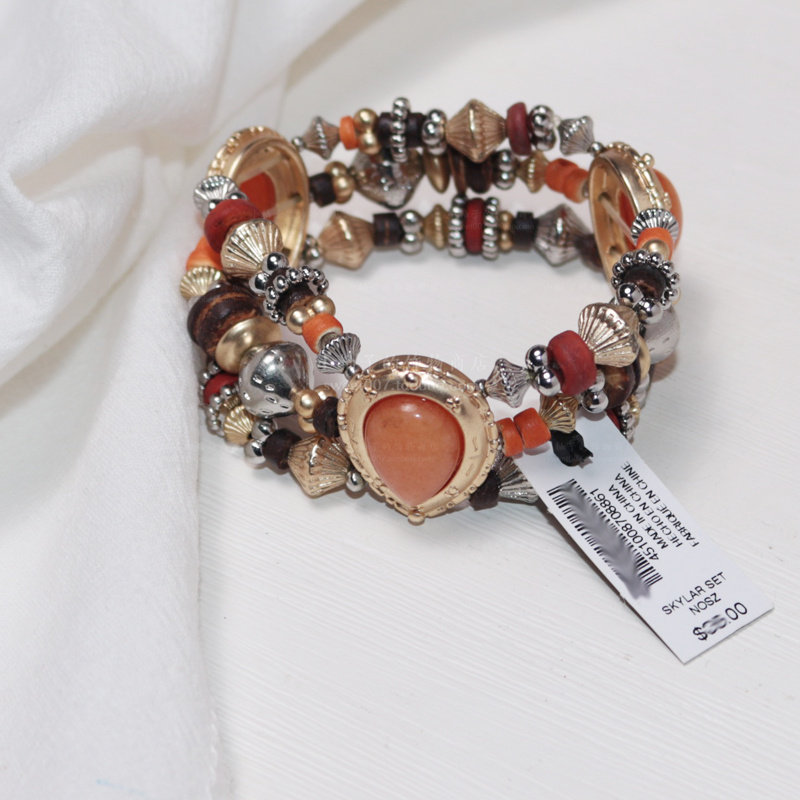 美国品牌chicos锻造金色银色质感木质和橘色石多材料多层弹力手链