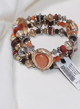 美国品牌chicos锻造金色银色质感木质和橘色石多材料多层弹力手链