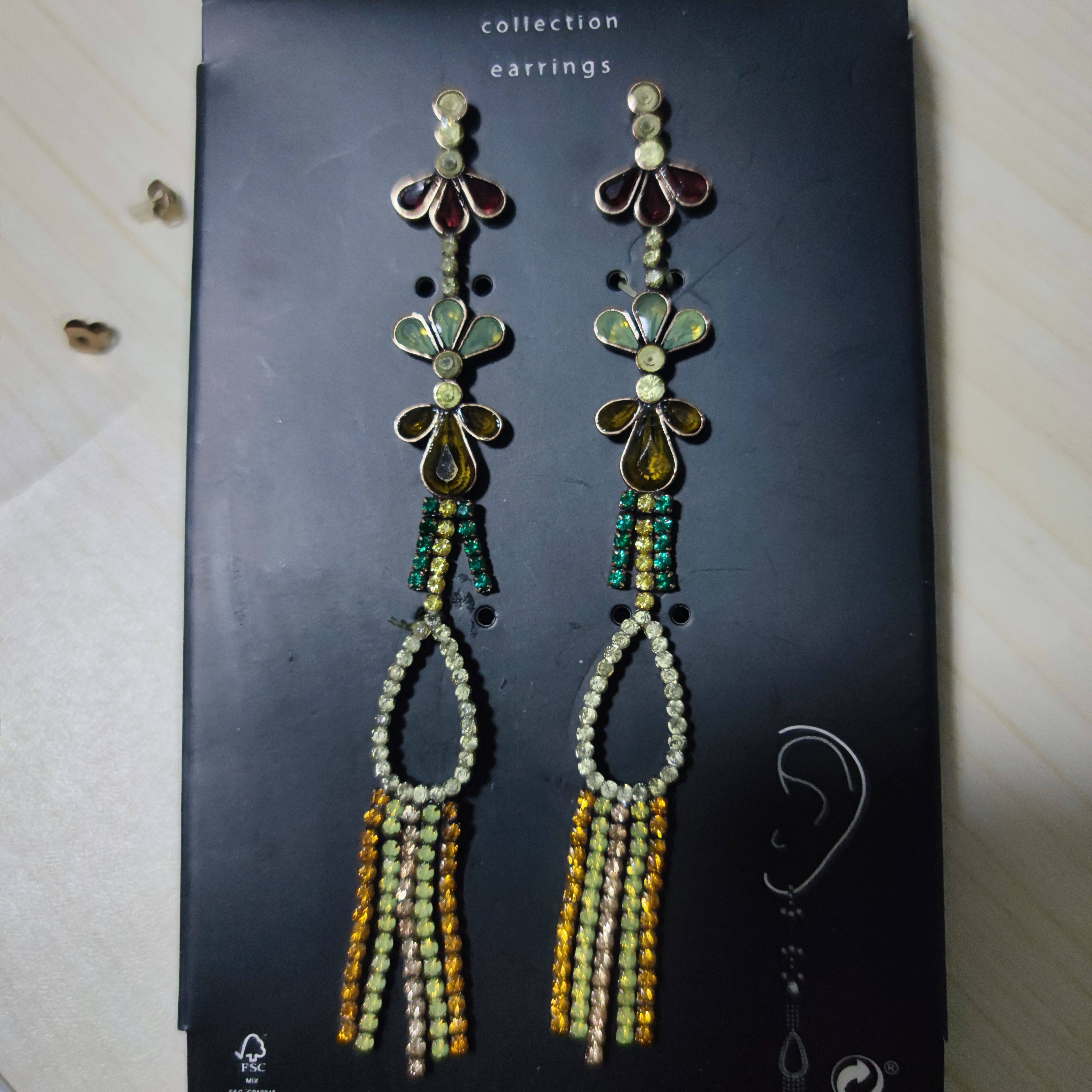 Zara复古宝石流苏多彩长耳环
