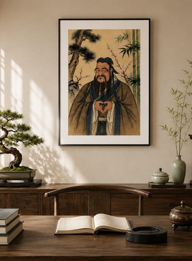 趣味孔子画像水墨中古风过道玄关书房间茶室客厅背景墙装饰画挂画