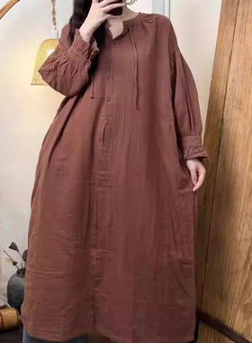 23173设计感领口系带软糯亲肤双层棉纱长款衬衫裙刺绣百搭连衣裙