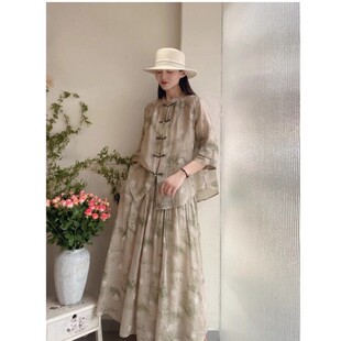 22756新中式两件套盘扣晕染苎麻国风上衣松紧腰半身裙套装分开拍
