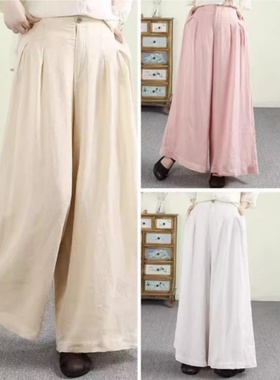 22671山本裤半松紧腰文艺百搭通勤双层苎麻阔腿裤百搭休闲裤长裤