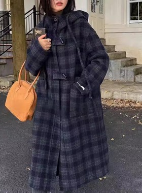 23252连帽格子双面羊绒呢子大衣长款韩系设计感廓形羊毛呢外套女