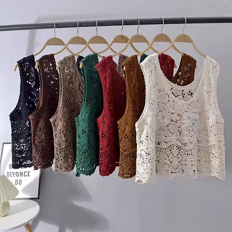 钩花镂空刺绣针织马甲纯棉线背心