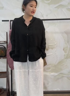 22610干洗汉麻亚麻超薄砂洗炒色小立领纯色长袖遮阳衬衫防晒衣女