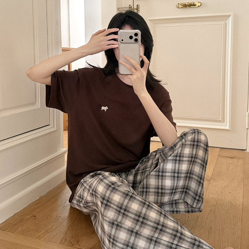 格子睡衣女日系糖果夏季薄款甜美休闲可出门可外穿舒适家居服套
