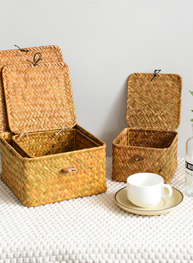 带盖手工编织收纳篮子礼品盒文具伴手礼草编藤编送礼结婚回礼盒子