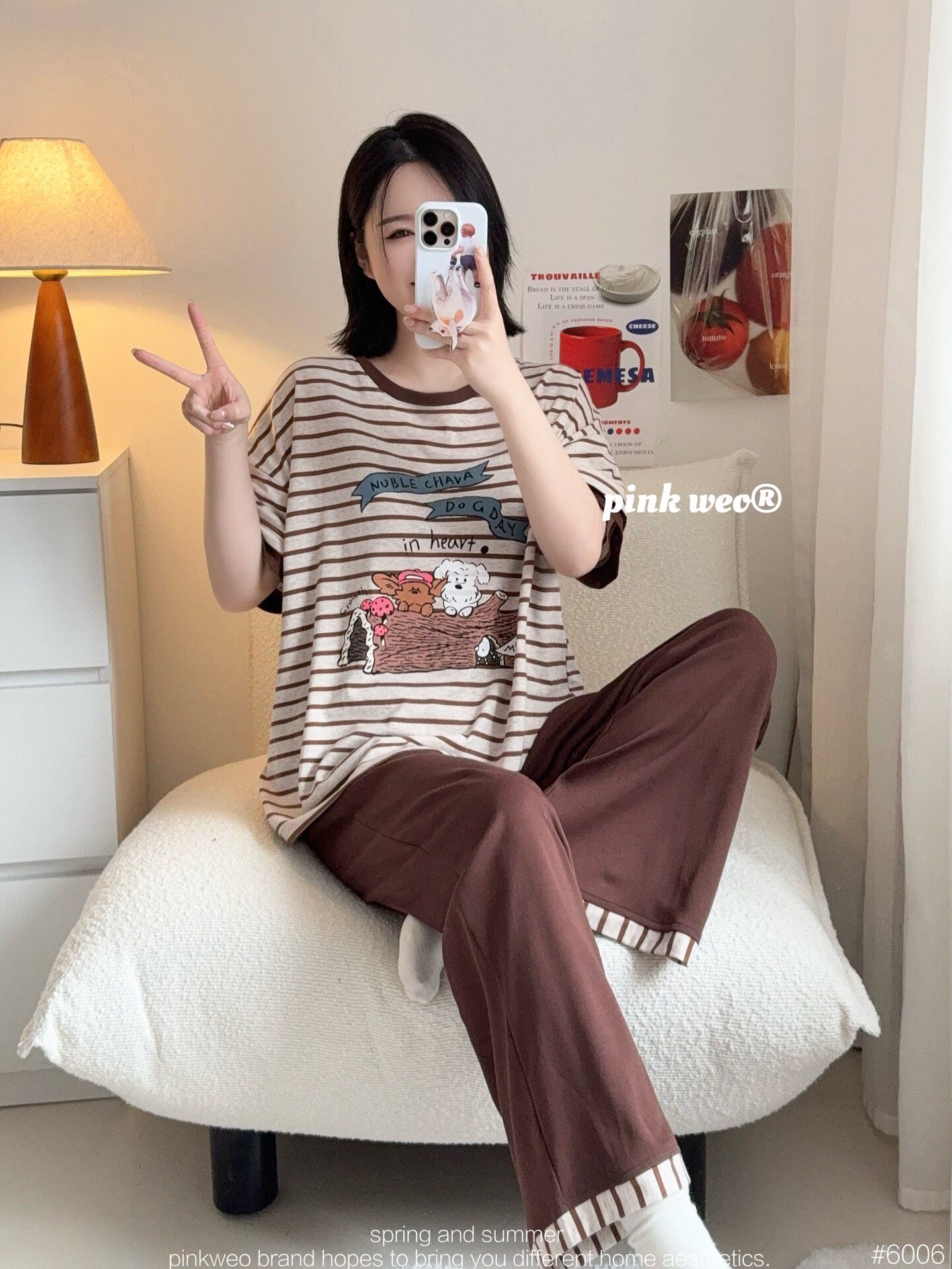 pink weo睡衣女春夏季纯棉短袖长裤家居服套装可爱卡通可外穿