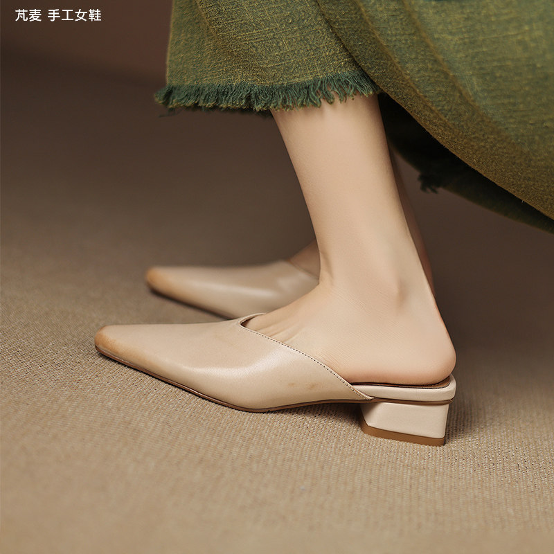 包头半拖鞋女外穿夏季2025新款时尚真皮粗跟中跟懒人一脚蹬穆勒鞋