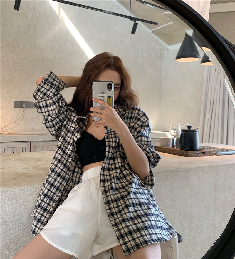 Real photo Korean loose lazy casual Plaid cardigan sun proof shirt