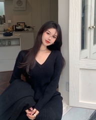 Real shot real price Korean elastic knitted sweater with collar and versatile medium length dress