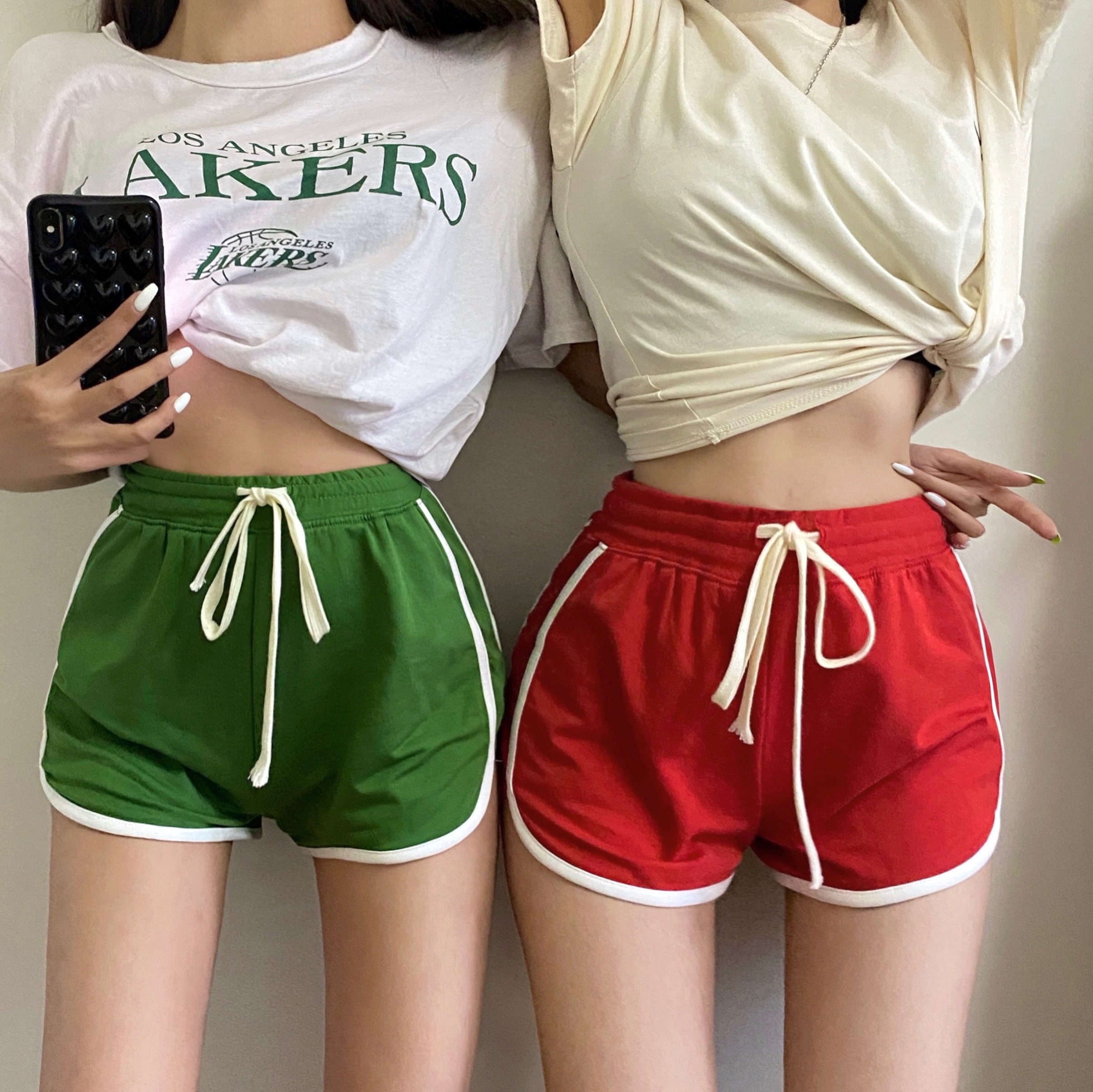 Simple home wear lace up casual color contrast shorts sports pants