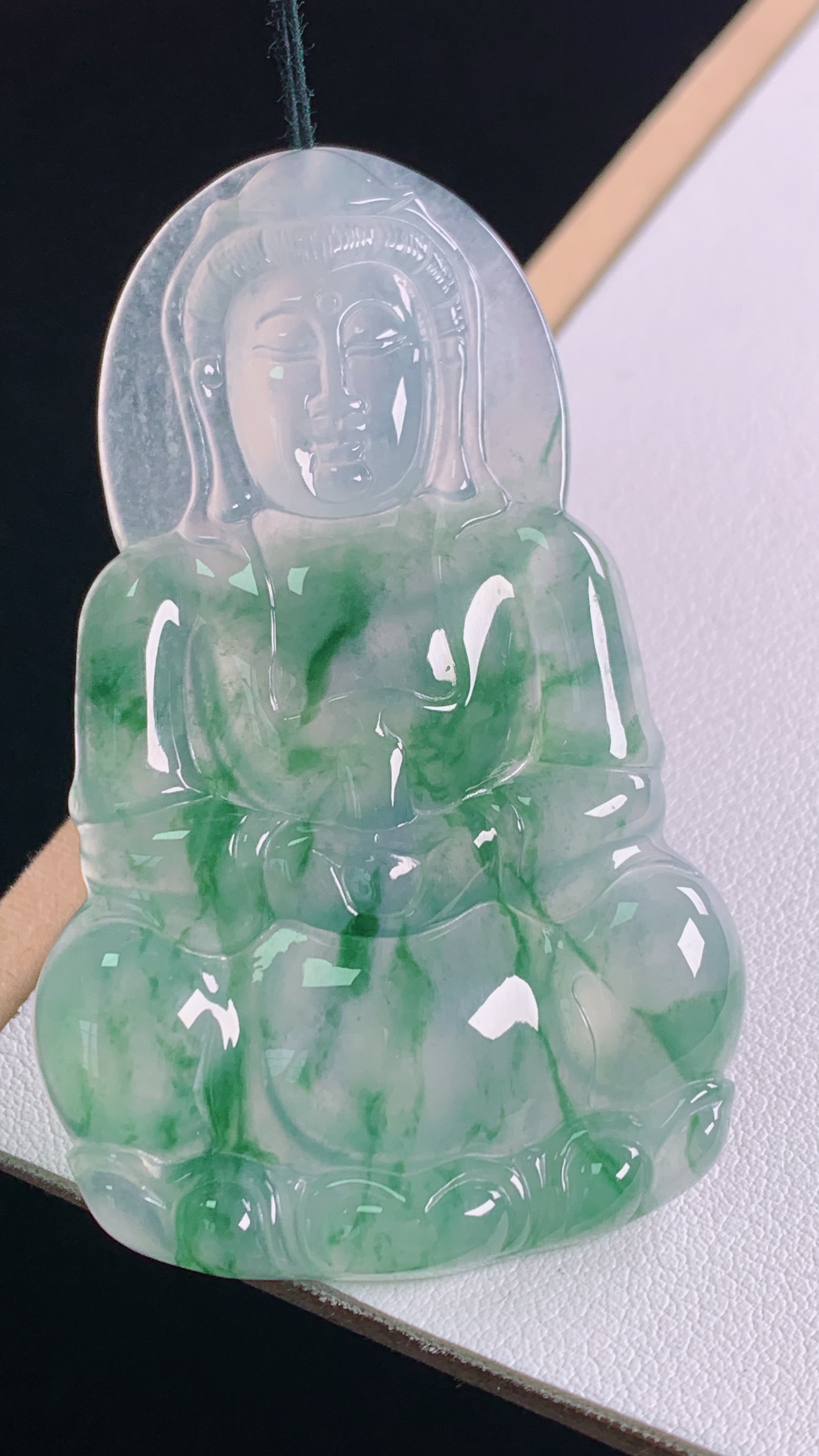 天然缅甸A货翡翠老坑冰润飘花观音吊坠带证男女款玉挂件大件冰透