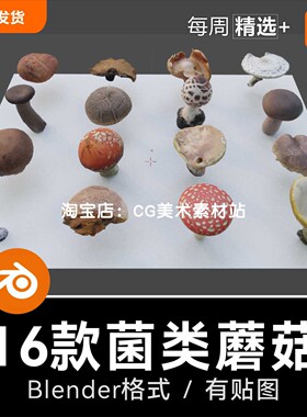 Blender菌类野生蘑菇16款建模3D模型低模素材