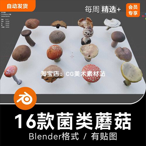 Blender菌类野生蘑菇16款建模3D模型低模素材