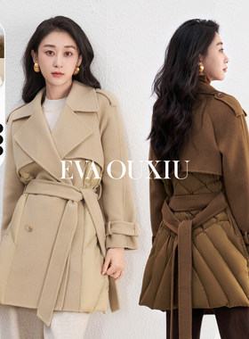 【限时直降】伊华欧秀羊毛大衣女冬季外套拼接含羽绒45DLS5738