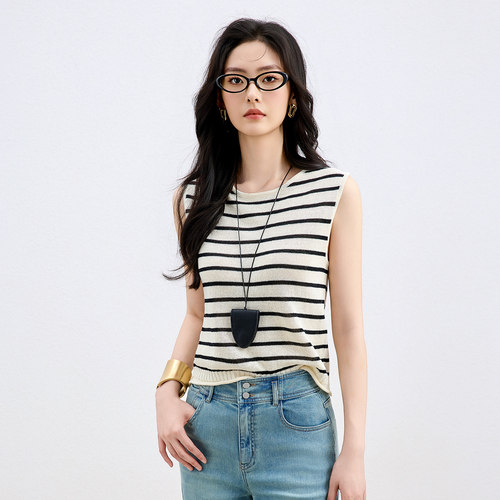 【限时直降】伊华欧秀条纹显瘦透气针织背心新圆领T恤52WZM6369