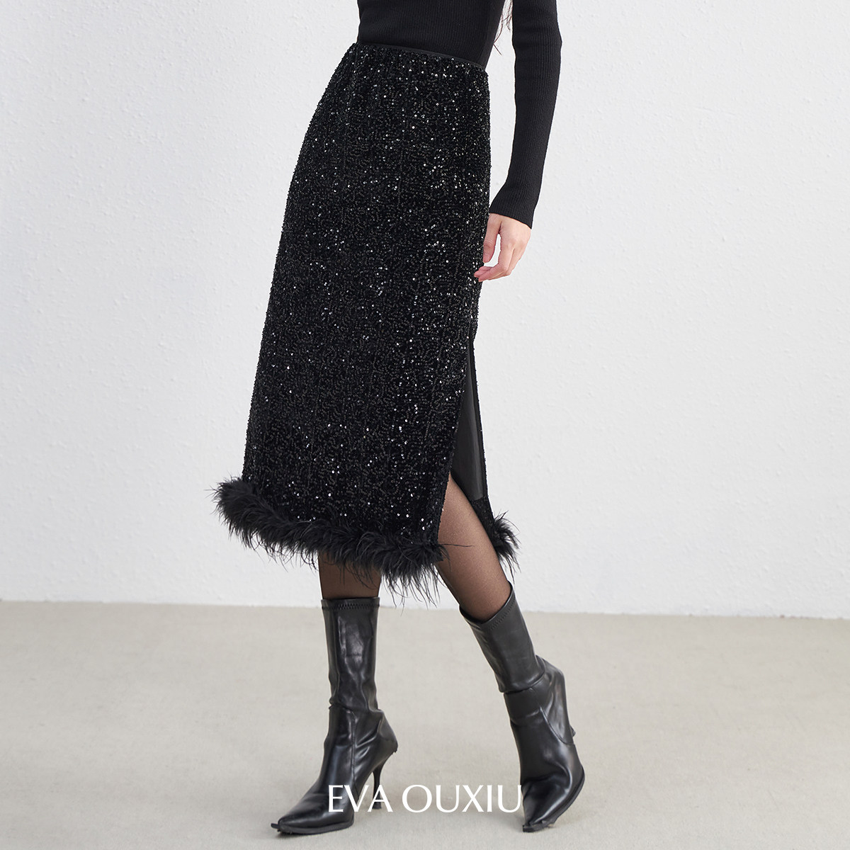 【限时直降】伊华欧秀亮片可拆卸毛毛半身裙亮片小黑裙45WAQ5776