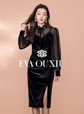 【限时直降】伊华欧秀优雅丝绒收腰连衣裙显瘦高级感E35ZQ0950