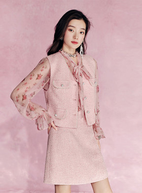 【限时直降】伊华欧秀小香风名媛粉色马甲衬衫半裙套装51WTZ5126