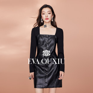 【限时直降】伊华欧秀黑色连衣裙女冬拼皮时髦长袖短裙E35PQ1095