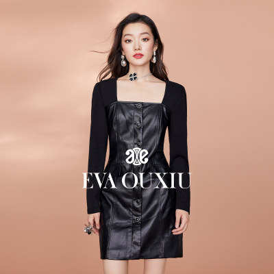【限时直降】伊华欧秀黑色连衣裙女冬拼皮时髦长袖短裙E35PQ1095
